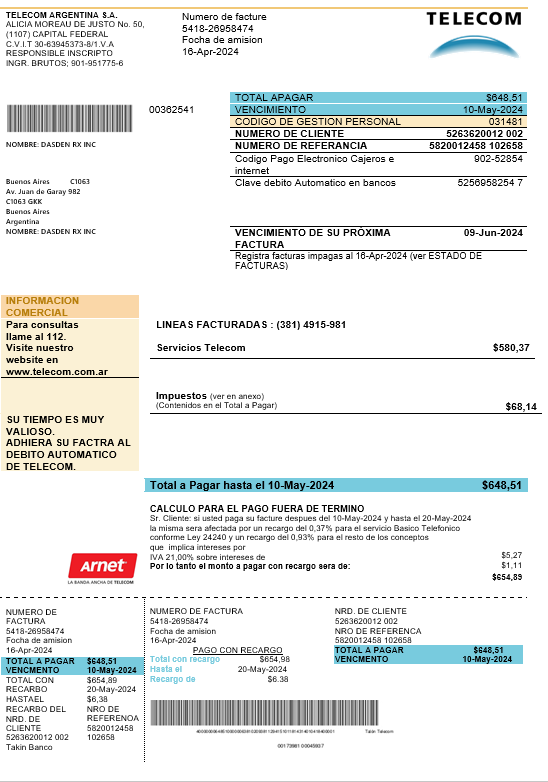 Argentina Telecom business utility bill template in Word and PDF format fully editable, good for address prove